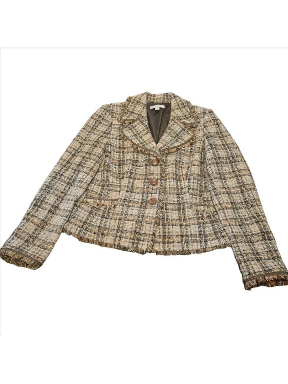 Women's Caslon Vintage Virgin Wool Blend Plaid Tweed Blazer Size 14 Brown Multi